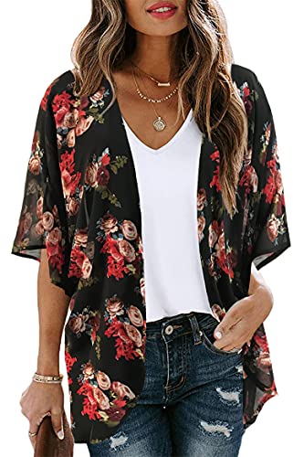 Women's Floral Print Puff Sleeve Kimono Cardigan Loose Cover Up Casual Blouse Tops(BLACK XL)