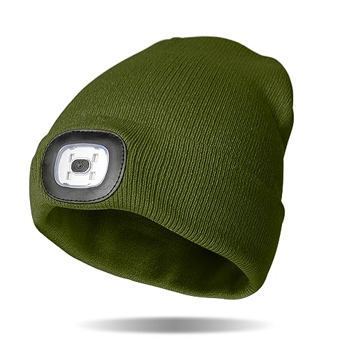 Night Scope Classic LED Rechargeable Knit Beanie Warm Head Light Hat Headlamp for Outdoor Activities - Olive