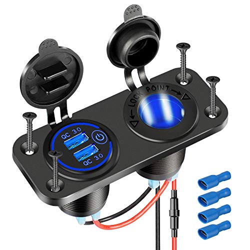 [Upgraded] Cigarette Lighter Socket Outlet Splitter, Quick Charge 3.0 USB Charger Power Outlet with LED, 12V USB Outlet Marine Waterproof Power Panel Adapter DIY Kit for Car Boat Marine RV, etc