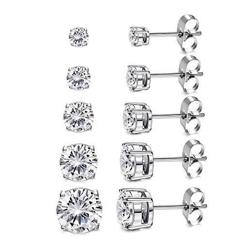 Women's 14K White Plated CZ Stud Earrings Simulated Diamond Round Cubic Zirconia Ear Stud Set（5 Pairs)