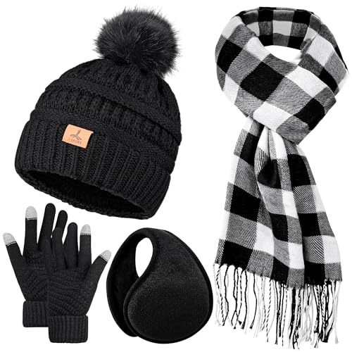 Winter Hat Scarf Gloves and Ear Warmer, Knit Warm Beanie Hat Touch Screen Gloves Long Knitted Plaid Scarf Set Gifts for Women