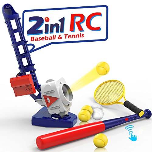 iPlay, iLearn Kids 2 in 1 RC Baseball & Tennis Pitching Machine, Automatic Pitcher Ball Launcher W/Bat, Outdoor Sports Games, Outside Backyard Toys Set, Birthday Gifts 5 6 7 8 12 Year Old Boys Youth