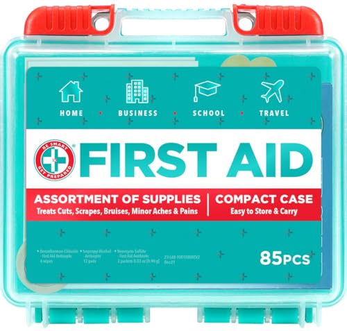 Be Smart Get Prepared 85 Piece First Aid Kit: Clean, Treat, Protect Minor Cuts, Scrapes. Home, Office, Car, School, Business, Travel, Emergency, Survival, Hunting, Outdoor, Camping & Sports, FSA HSA
