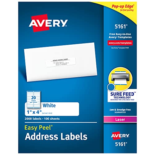 Avery Easy Peel Address Labels for Laser Printers 1' x 4', Box of 2,000 (5161)