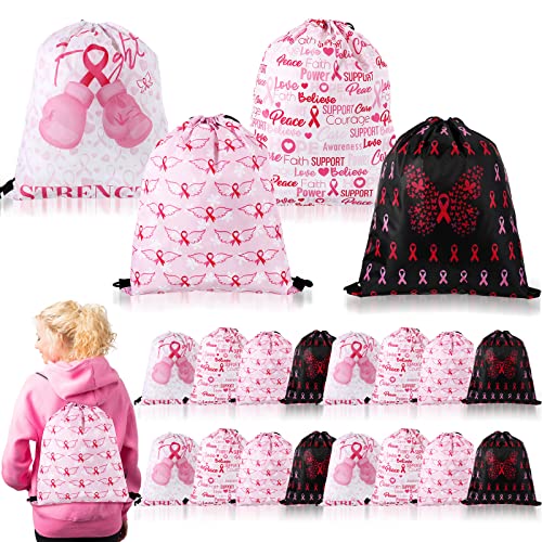 Zhengmy 12 Pack Breast Cancer Drawstring Backpack Pink Satin Ribbon Bag Awareness Bags Gifts Publicity Activities for Women Sport Travel, Party Decor, White