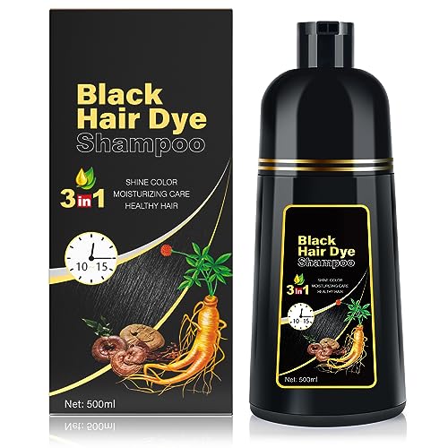 KINGMING Black Hair Dye Shampoo 3 in 1 for Gray Hair, Hair Color Shampoo for Women Men Grey Hair Coverage, Herbal Ingredients Champu Con Tinte Para Canas 500ml (Black)