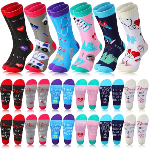 Jeyiour 18 Pairs Nurse Socks for Women Novelty Crew Socks If You Can Read This Nurse Is off Duty Funny Nursing Christmas Gifts Socks Unisex Crew Socks for Christmas Nurses Dental Teacher Birthday Gift