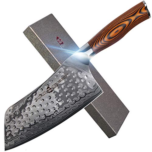 TUO Cutlery Cleaver Knife - Japanese AUS-10 Damascus Steel Hammered Finish - Chinese Chef's Knife for Meat and Vegetable with Ergonomic Pakkawood Handle - 7' - Fiery Phoenix Series