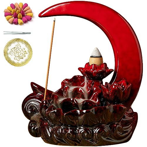 GARMOLY Moon Incense Burner with 60 Incense Cones + 30 Incense Stick, Ceramic Waterfall Incense Burner, Backflow Incense Holder for Aromatherapy Ornament Home Decor (Red)