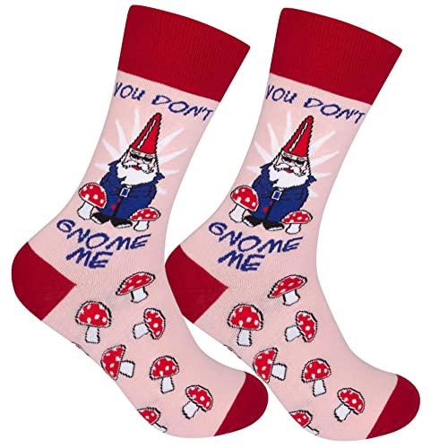 FUNATIC You Don't Gnome Me Novelty Crew Socks | Unisex Gift with Blue Text and White Multicolor Image | Best Garden Statue Saying | Holiday Party Day Apparel Present for Men Women | One Size Fits Most