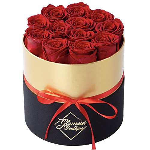 GLAMOUR BOUTIQUE 12-Piece Forever Flowers Round Box - Preserved Roses, Immortal Roses That Last A Year - Eternal Rose Preserved Flowers for Delivery Prime Mothers Day & Valentines Day - Red