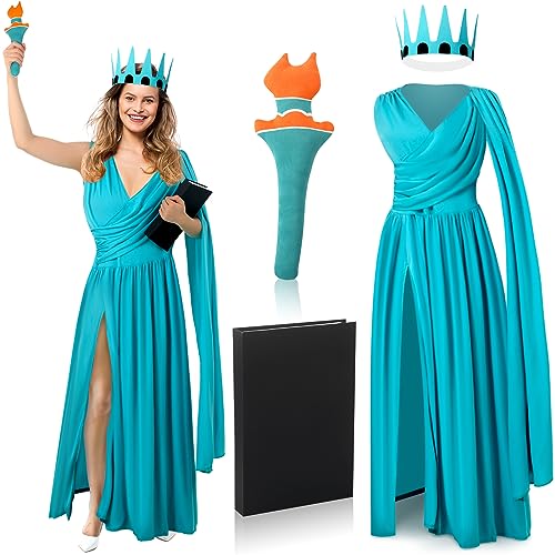 Jeyiour 4 Pcs Statue of Liberty Costume Set Lady Liberty Costume for Women Girls Halloween Statue of Liberty Dress Crown Torch Headband and Black Fake Book for Halloween Cosplay Party