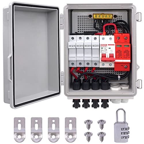 mankk PV Combiner Box 4 String IP65 Waterproof Solar Combiner Box with 63A Circuit Breaker Lightning Arreste Solar Connector and 15A Rated Current Fuse for On/Off Grid Solar Panel System PV-BOX-4X