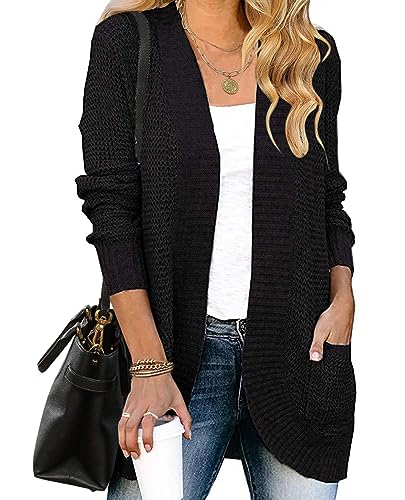 ZESICA Women's 2023 Fall Winter Long Sleeve Open Front Casual Lightweight Soft Knit Cardigan Sweater Outerwear,Black,Medium