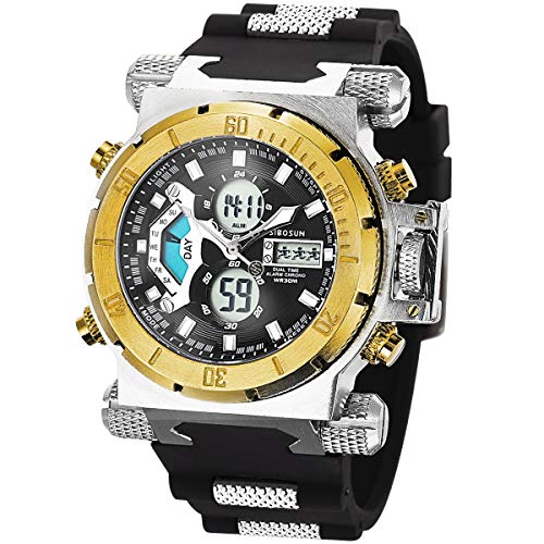 SIBOSUN Sport Watch Digital Wrist Large Face Waterproof Military LED Stopwatch Men Japanese Quartz Alarm Date Gold