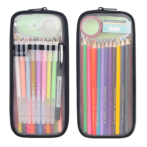 BOVKE Grid Mesh Pencil Case Pen Marker Bag Clear Cute Pencil Pouch School Stationery Organizer Teen Girls Boys Transparent Art Supplies Case Travel Office College Gift for Adluts Students, Black