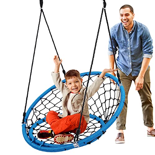 SereneLife Web Chair Swing, 35.5' Inch Hanging Netted Seat, All Season Round Swing for Tree and Indoor/Outdoor,Blue