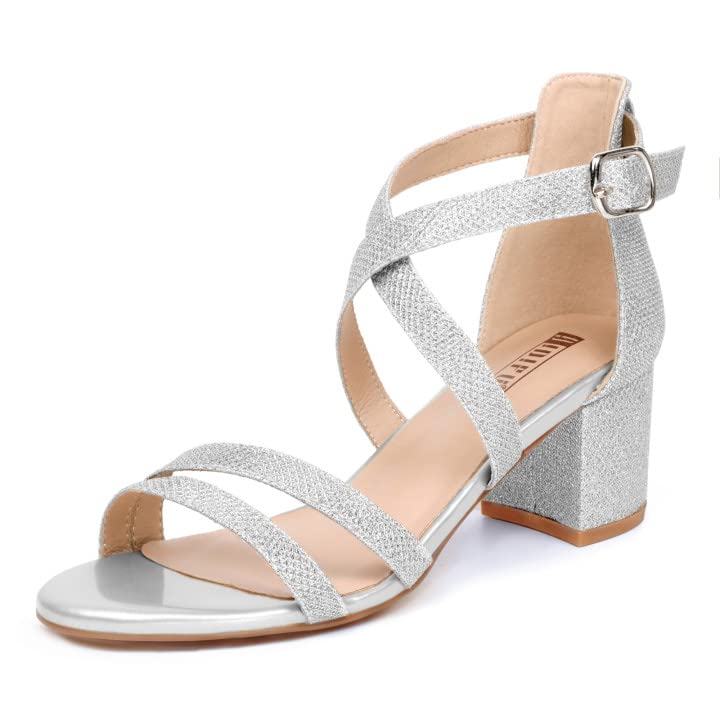 IDIFU Women's Block Low Chunky Heel Strappy Sandals Open Toe Ankle Strap Dress Wedding Evening Shoe for Women Bridal (Silver Glitter, 11 M US)