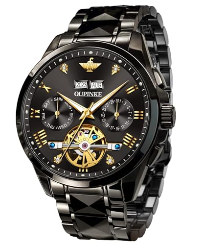 OUPINKE Men's Watch Designer All Black Big Face Skeleton Automatic Business Mechanical Dress Wristwatch Tungsten Steel 160FT Waterproof Luminous