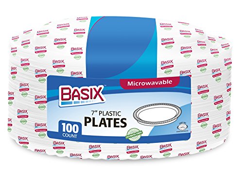 Basix 100 Count Disposable Plastic Plates Microwave Safe 7-Inch, White