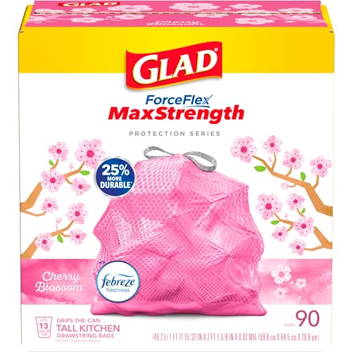 Glad ForceFlex MaxStrength Tall Kitchen Drawstring Trash Bags, 13 Gallon, Cherry Blossom with Febreze Freshness, 90 Count