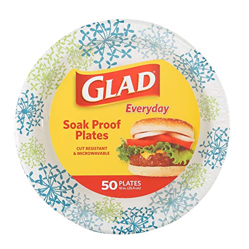 Glad Round Disposable Paper Plates for All Occasions | New & Improved Quality | Soak/ Cut Proof, Microwaveable Heavy Duty | 10' Diameter, 50 Count Bulk Plates