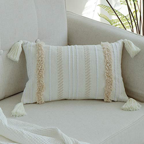 blue page Boho Throw Pillow Cover Tufted Decorative Pillow Cover for Couch Bed Small Lumbar 12x20 Pillow Cover, Modern Accent Farmhouse Neutral Throw Pillow Case with Tassels, Yellowy Cream