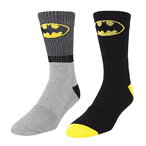DC Comics Batman Logo 2 Pair Men's Athletic Crew Socks Gray Stripe & Black Shoe Size 6-12