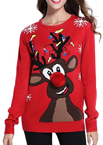 *daisysboutique* Women's Christmas Reindeer Themed Knitted Holiday Sweater Girl Pullover (Medium, Lighting)