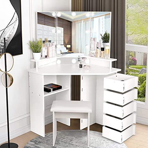 VOWNER Vanity with Lights - Vanity Desk with 3 Color Lighting Options, Brightness Adjustable, Vanity Table with 5 Rotating Drawers, Shelves and Stool, Corner Vanity for Women Girls, White 43“ L