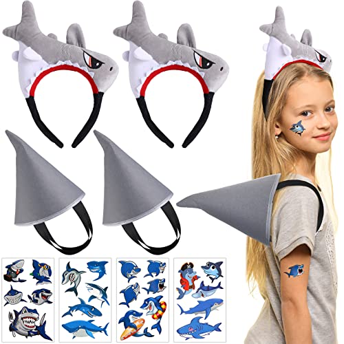8 Pcs Halloween Shark Costume Accessories for Kids Shark Headbands Shark Fin Shark Tattoo Stickers Plush Fabric Shark Headband Hat Halloween Kids Shark Animal Cosplay