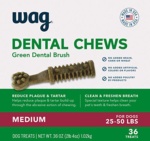 Amazon Brand - Wag Dental Dog Treats to Help Clean Teeth & Freshen Breath - Medium, Unflavored, 36 Count (Pack of 1)