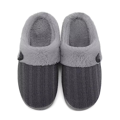 NineCiFun Women's House Slippers Fuzzy Bedroom Slippers Memory Foam Home Shoes Indoor Outdoor Slip on Scuff with Warm Plush Faux Fur Lining size 9 10 grey