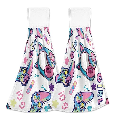 SLHKPNS Pink Joysticks Devices Kitchen Hanging Hand Towels, Video Game Controller Absorbent Tie Towel with Loop 2 PCS Kitchen Linen Sets for Bathroom Restroom Home Decor