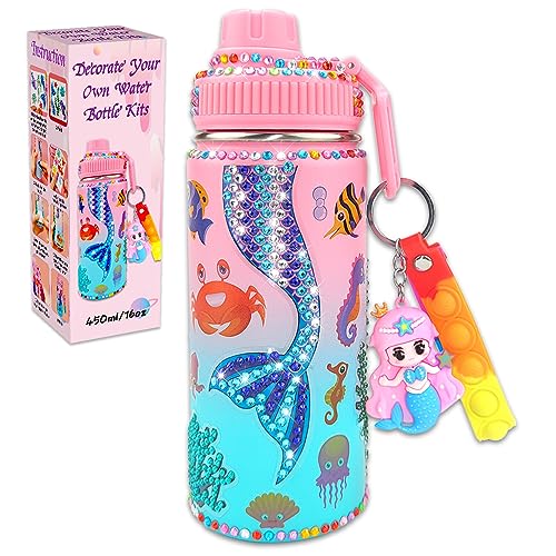 7july Decorate Your Own Water Bottle Kits for Girls Age 4-6-8-10 (Stainless Steel),Mermaid Themed Gem Diamond Painting Crafts,Fun Arts and Crafts Gifts Toys for Girls Birthday Christmas