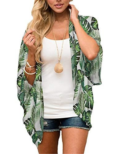 Women's Tropical Hawaiian Tops Boho Green Kimono Cover Ups Palm Tree Leaf Print Summer Beach Chiffon Sheer Cardigan Jungle Blouse XL