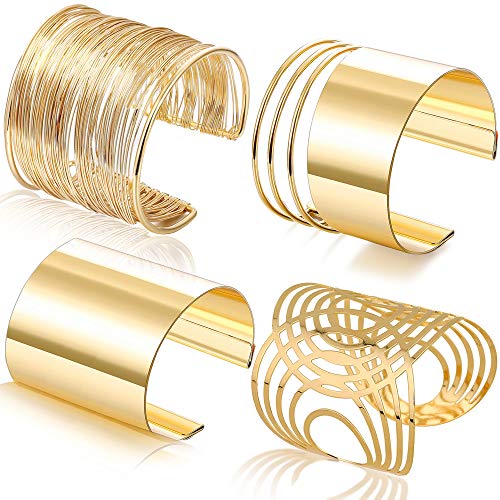 RIOSO 4 Pcs Cuff Bangle Bracelet for Women Open Wide Wire Bracelets Gold Wrist Cuff Wrap Bracelet