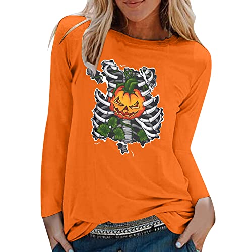 Tops for Women Costume Plus Size Women Fashion Casual Halloween Print Round Neck Long Sleeve Shirt Tunic Top Plus Size Orange