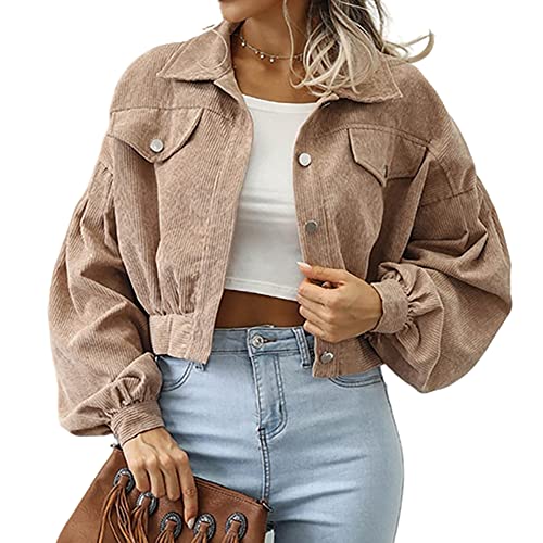 Janepam Women Cropped Jacket Plus Size Corduroy Solid Color Plain Rib Flap Pocket Bishop Sleeve Boyfriend Style Loose Shacket(A Khaki,M)