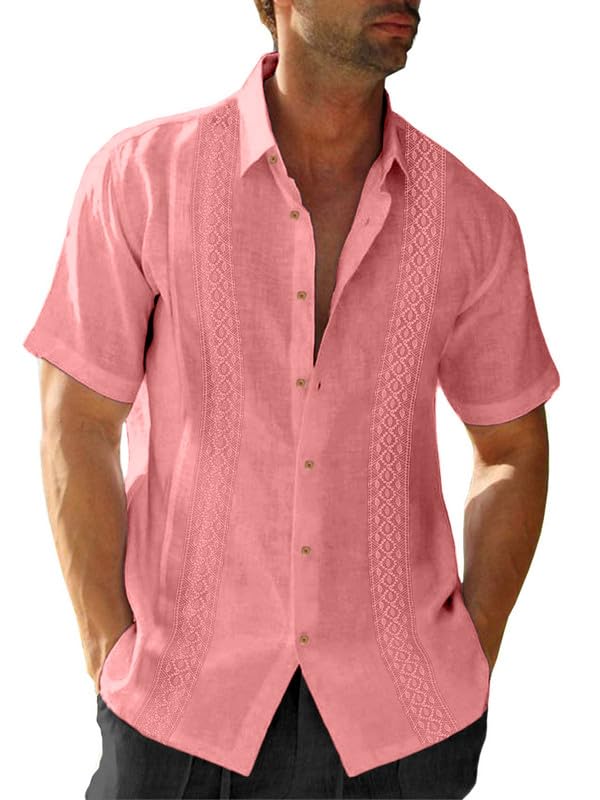 JMIERR Men's Cotton Linen Guayabera Shirts Casual Stylish Button Down Short Sleeve Beach Shirt Solid Color Dress Shirt for Wedding,US 46 (XL),Pink