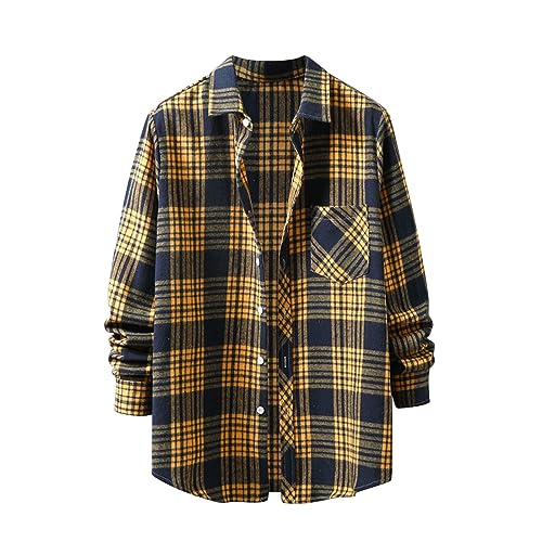 Men's Plaid Long Sleeved Chest Pockets Shirt Button Down Loose Lapel Colored Woven Tops Blouse for Men (A1-Yellow, XXL)