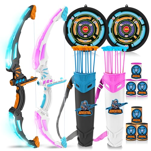 JOYIN 2 Pack Bow and Arrow Archery Toy Set for Kids, Light Up Archery Play Set with 2 Bows, 18 Suction Cups Arrows, 8 Targets, and 2 Arrow Cases (Black White)