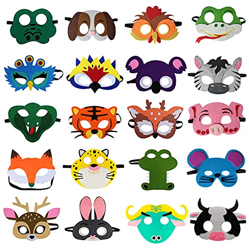 20 Packs Animal Masks for Kids Felt Animal Masks Fitted With Elastic Bands for Animal Birthday Party Supplies, Party Favors, Role Play, Halloween, Children's Holiday Gifts