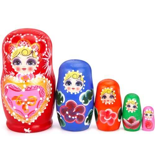 LovesTown 5PCS Wooden Nesting Dolls, Stacking Handmade Matryoshka Dolls Russian Nesting Dolls for Girls Boys Birthday Christmas Party Favors