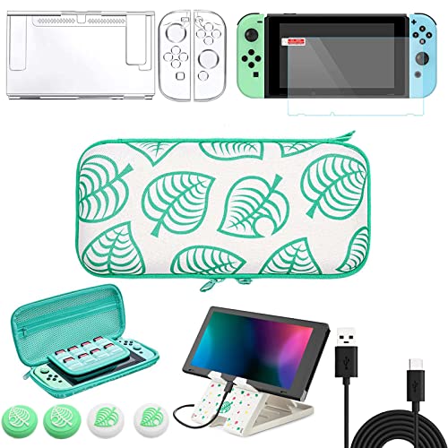 Switch Accessories Bundle for Animal Leaf Crossing, Switch Carrying Case with Playstand & Screen Protector & 4 Thumb Grip Caps & Protective Cover & Charging Cable & Pendant