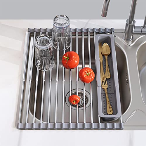 JASIWAY Roll Up Dish Drying Rack, Expandable 304 Stainless Steel Portable Drainer for Kitchen Sink Counter, Foldable Over The Sink Cover with Removable Utensil Holder(12.8'-23.3')