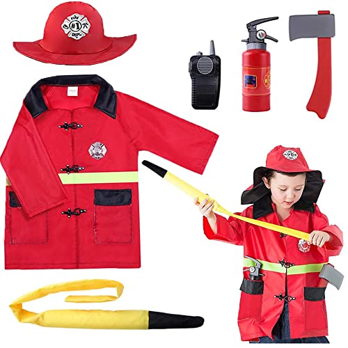 iPlay, iLearn Kids Firefighter Costume, Toddler Fireman Dress up, Fire Pretend Chief Outfit, Halloween Role Play Career Suit W/Walkie Talkie Hose, Party Birthday Gift for 3 4 5 6 7 Year Old Boy Girl