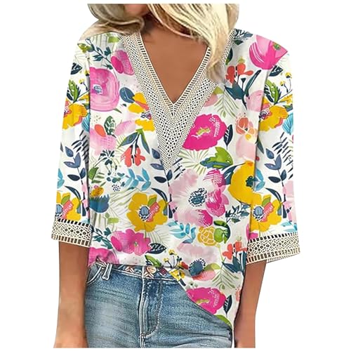 Women's Fashion Spring and Summer Knitted Jacquard V Neck 3/4 Sleeve Printed Casual T Shirt Top (3) Cotton (E-Beige, L)