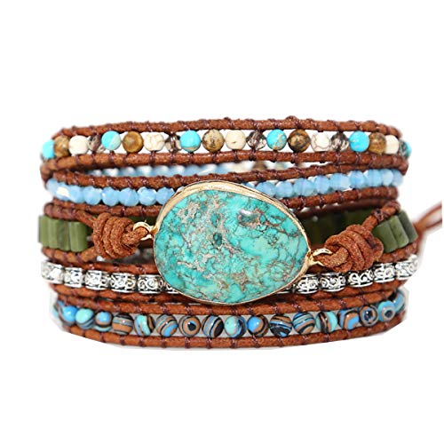 ZOSOJONA Starto 5 Wrap Bracelet Handmade Natural Stone Jasper Druzy Leather Boho Bracelets Jewelry (Green Opal)