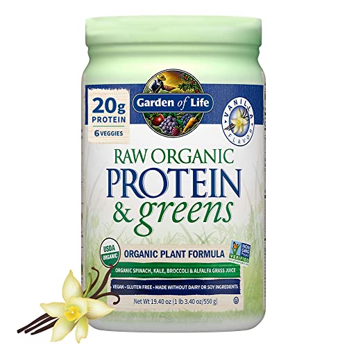 Garden of Life Raw Organic Protein & Greens - Vanilla - Vegan Protein Powder for Women and Men, Plant Protein, Pea Protein, Greens & Probiotics - Dairy Free, Gluten Free Low Carb Shake, 20 Servings